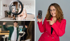 Agencja marketingowa nagrywająca wideo promocyjne telefonem w nowoczesnym studio.