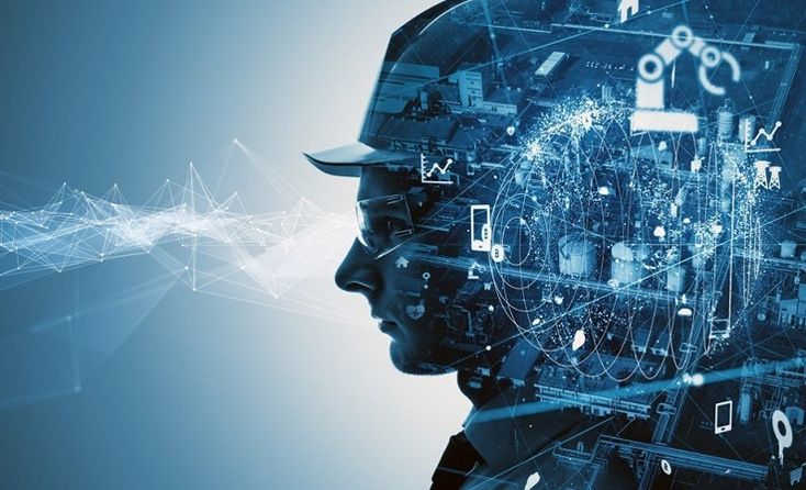 infrastruktura technologiczna – sieć przemysłowa, ramiona robotyczne, precyzyjne wykresy danych, ekrany i liczne punkty połączeń. Ten obraz to potężna metafora 'synthetic double' (syntetycznego sobowtóra), reprezentującego tożsamość współczesnego 'influencera'