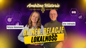 Para siedząca w studio podcastu, Ambitne Historie, omawia marketing i biznes lokalny.